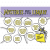 Back of toddler "Mysteries Await at Your Library" activity record with instructions to complete 10 activities shown inside magnifying glasses to win a prize, with a mouse detective and a "Top Secret" folder.