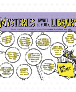 Back of toddler "Mysteries Await at Your Library" activity record with instructions to complete 10 activities shown inside magnifying glasses to win a prize, with a mouse detective and a "Top Secret" folder.