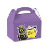 Purple gable-style gift box with a built-in carrying handle, featuring Laurie Conley’s illustration of Inspector Whiskers, a black cat detective wearing a yellow hat and scarf and holding a magnifying glass, beside a yellow “Top Secret” folder filled with documents.