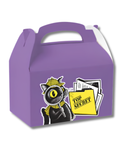 Purple gable-style gift box with a built-in carrying handle, featuring Laurie Conley’s illustration of Inspector Whiskers, a black cat detective wearing a yellow hat and scarf and holding a magnifying glass, beside a yellow “Top Secret” folder filled with documents.
