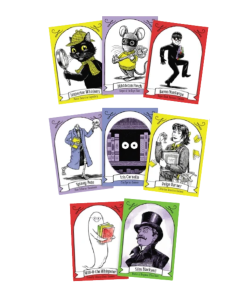 Eight illustrated Mysteries Await trading cards featuring Laurie Conley's mystery-themed characters, including Inspector Whiskers, Nibbleton Finch, Baron VonSwipe, Spiney Pete, Iris Cornelia, Paige Turner, Will-O-the Whisperer, and Silas Blackveil. Each collectible card features a character portrait, name, and colorful border in yellow, purple, red, or green.
