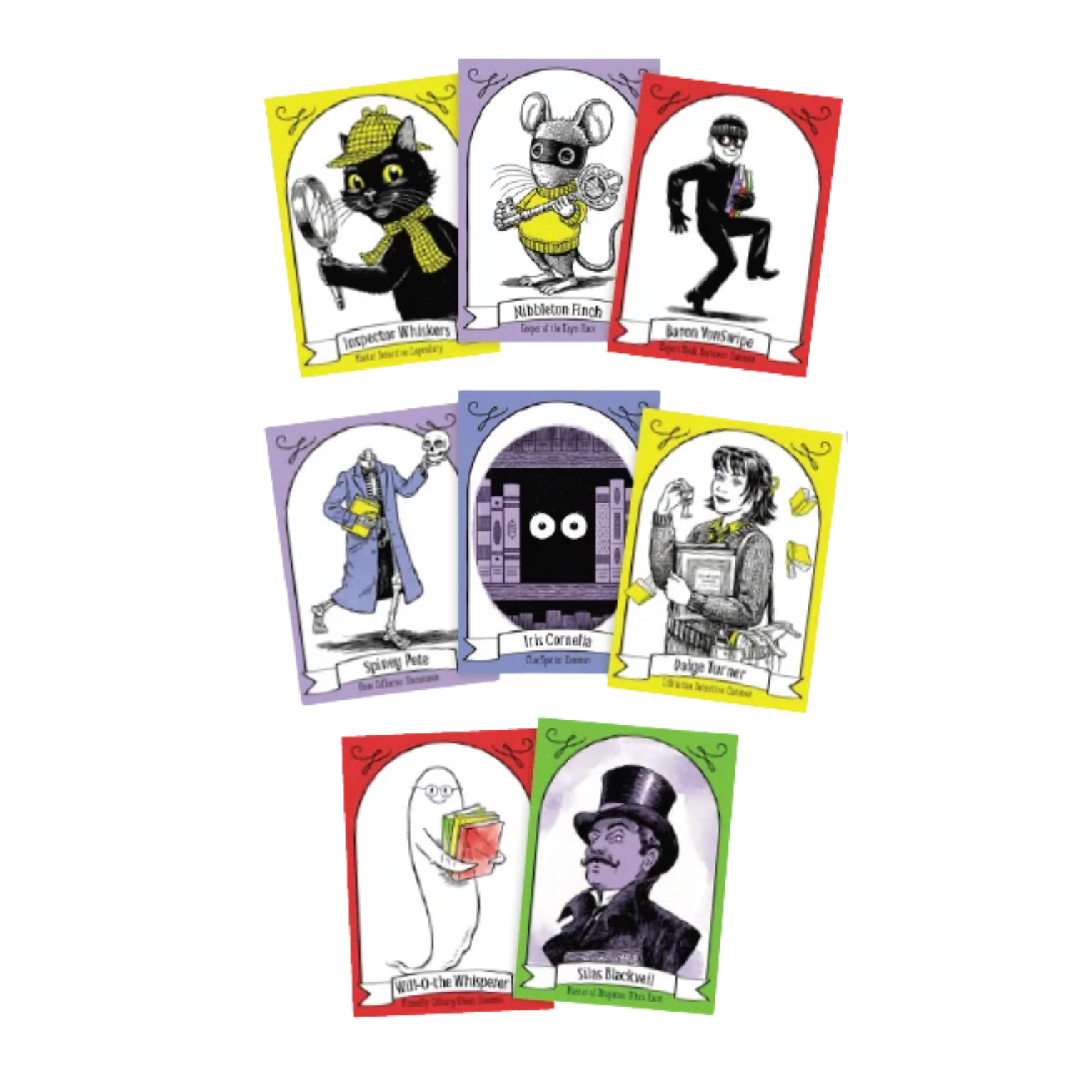 Eight illustrated Mysteries Await trading cards featuring Laurie Conley's mystery-themed characters, including Inspector Whiskers, Nibbleton Finch, Baron VonSwipe, Spiney Pete, Iris Cornelia, Paige Turner, Will-O-the Whisperer, and Silas Blackveil. Each collectible card features a character portrait, name, and colorful border in yellow, purple, red, or green.