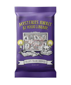 Purple Mysteries Await at Your Library trading card pack featuring Laurie Conley's black-and-white mystery investigation board artwork, with photographs and clues connected by red string. Candles, books, a magnifying glass, and a skull surround the scene. The bottom reads “Collect | Trade | Discover.”