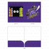 "Mysteries Await at Your Library" pocket folder design shown flat: purple front cover with a detective cat, ghost, and masked mouse, a back cover with mysterious eyes peeking from a bookshelf, and the inside with two pockets