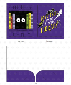 "Mysteries Await at Your Library" pocket folder design shown flat: purple front cover with a detective cat, ghost, and masked mouse, a back cover with mysterious eyes peeking from a bookshelf, and the inside with two pockets