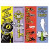 Sheet of four "Mysteries Await at Your Library" bookmarks: a detective cat with a magnifying glass, a "Books Hold the Key" key design, a red bookmark with detective characters, and a ghost standing on an open book