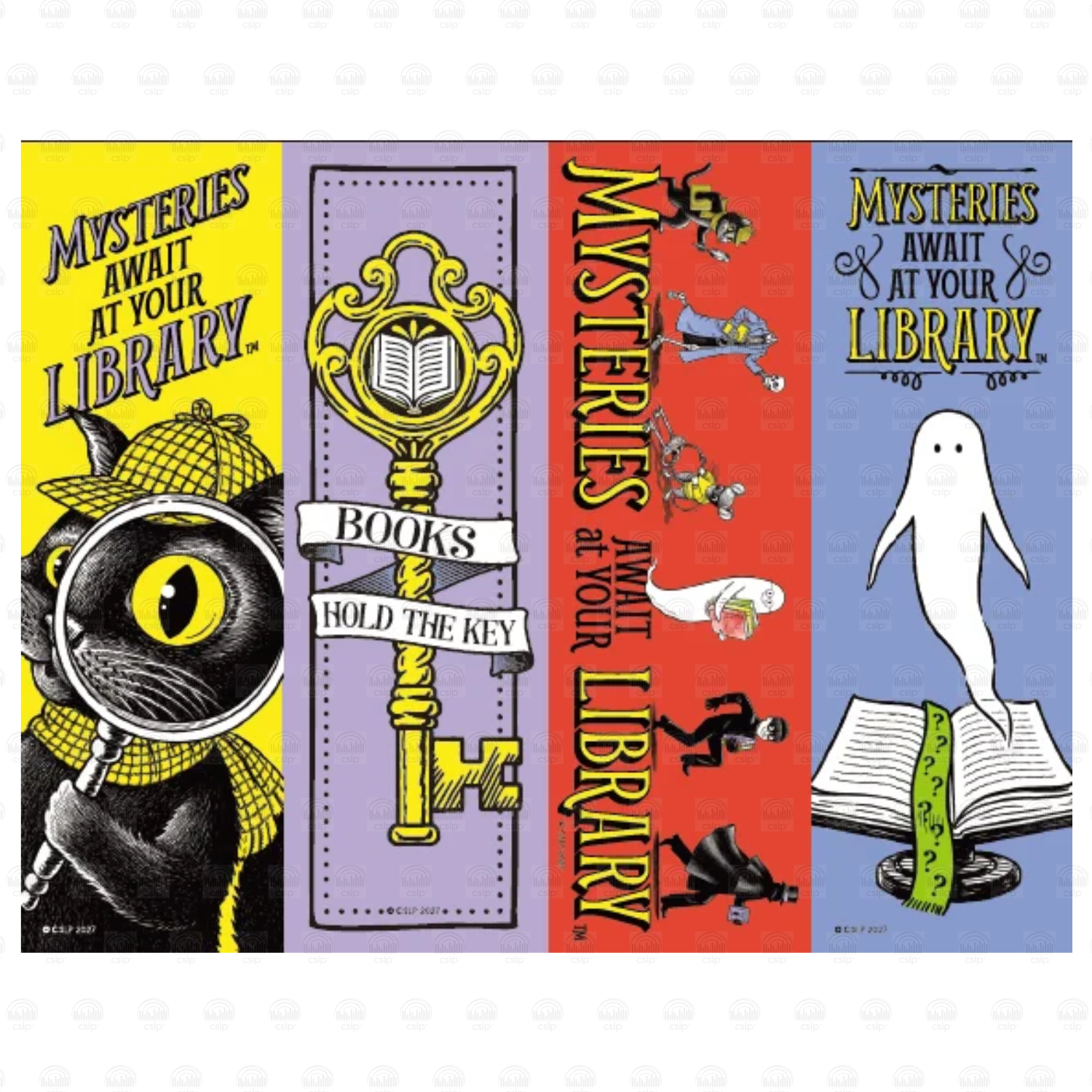 Sheet of four "Mysteries Await at Your Library" bookmarks: a detective cat with a magnifying glass, a "Books Hold the Key" key design, a red bookmark with detective characters, and a ghost standing on an open book
