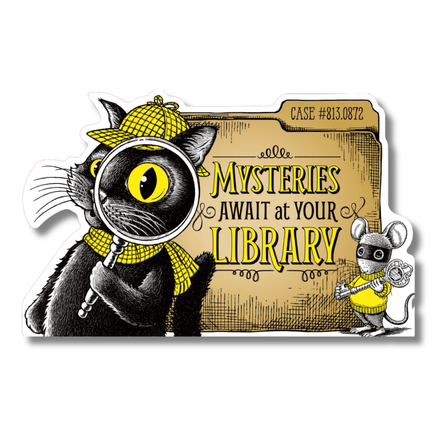 Die-cut display featuring Laurie Conley’s 2027 “Mysteries Await at Your Library” artwork. Inspector Whiskers, a black-and-white detective cat wearing a yellow checkered hat and scarf, peers through a magnifying glass that enlarges his bright yellow eye. Beside him, Nibbleton Finch, a small mouse in a yellow sweater, holds an ornate skeleton key. The summer reading slogan appears on a tan detective case file labeled “Case #813.0872.”