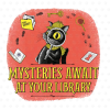 Large Mysteries Await at Your Library window cling featuring Laurie Conley’s Inspector Whiskers, a black cat wearing a yellow detective hat and scarf, peering through a magnifying glass. Set against a textured coral-red background, the design includes a skeleton key, footprints, handprints, a secret file, a fingerprint, and other mystery-themed clues. Large yellow lettering displays the official 2027 summer reading slogan, “Mysteries Await at Your Library.”