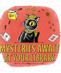 Large Mysteries Await at Your Library window cling featuring Laurie Conley’s Inspector Whiskers, a black cat wearing a yellow detective hat and scarf, peering through a magnifying glass. Set against a textured coral-red background, the design includes a skeleton key, footprints, handprints, a secret file, a fingerprint, and other mystery-themed clues. Large yellow lettering displays the official 2027 summer reading slogan, “Mysteries Await at Your Library.”