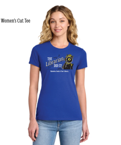 Model wearing a royal blue women's fitted crewneck T-shirt featuring Laurie Conley’s Inspector Whiskers detective cat holding a magnifying glass beside the phrase “The Librarian Did It!” with “Mysteries Await at Your Library” printed underneath. Short-sleeved shirt shown with light blue jeans against a white background.