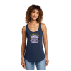 Woman modeling a navy Read After Dark tank top featuring a purple haunted library design.