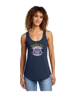 Woman modeling a navy Read After Dark tank top featuring a purple haunted library design.