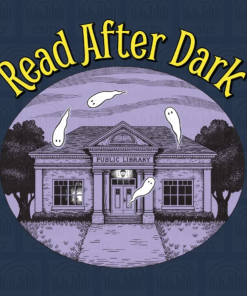"Read After Dark" women's tank top design showing a haunted public library building at dusk with ghosts floating around it