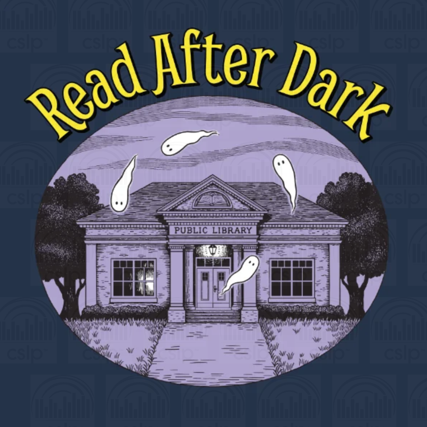 "Read After Dark" women's tank top design showing a haunted public library building at dusk with ghosts floating around it