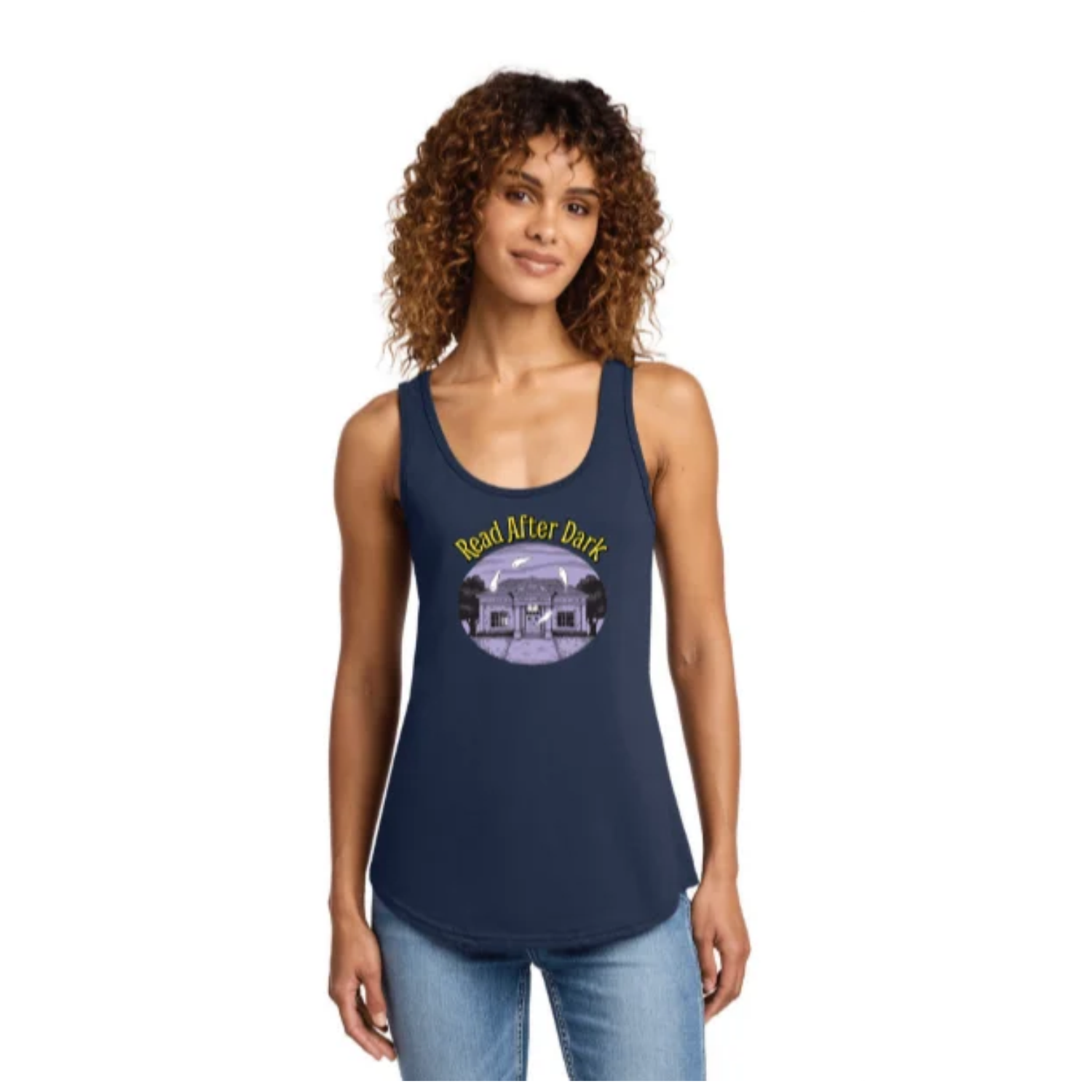 Woman modeling a navy Read After Dark tank top featuring a purple haunted library design.