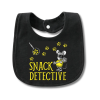 Black baby bib featuring yellow “Snack Detective” lettering, yellow paw prints, a magnifying glass, and a black-and-white mouse wearing a yellow sweater and holding a decorative key. Snap closure at the neck.