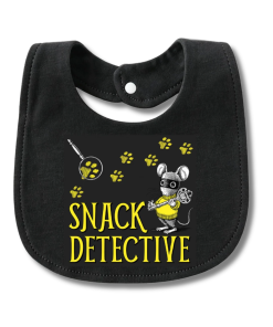 Black baby bib featuring yellow “Snack Detective” lettering, yellow paw prints, a magnifying glass, and a black-and-white mouse wearing a yellow sweater and holding a decorative key. Snap closure at the neck.