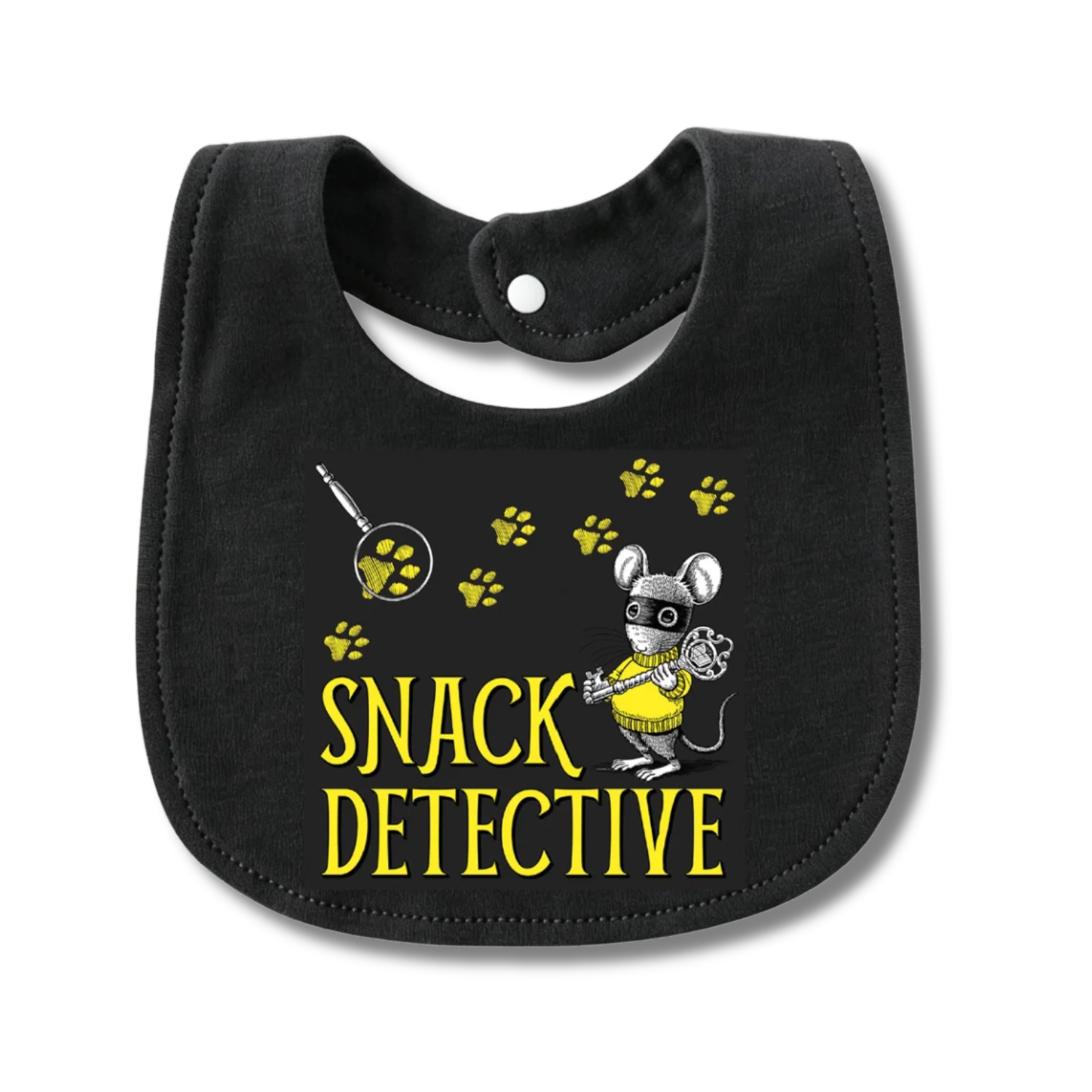 Black baby bib featuring yellow “Snack Detective” lettering, yellow paw prints, a magnifying glass, and a black-and-white mouse wearing a yellow sweater and holding a decorative key. Snap closure at the neck.